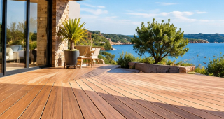 Création de terrasse bois Terrasse en bois aménagée devant une maison contemporaine avec vue sur la mer