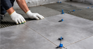 Pose de carrelage au sol Carreleur installant de grands carreaux gris au sol avec des croisillons de nivellement